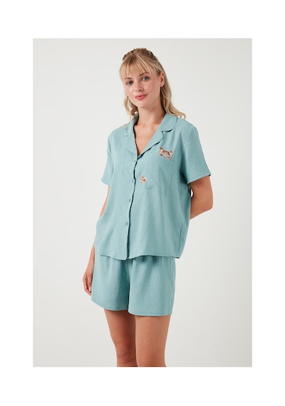 Lela Gömlek Yaka Beli Lastikli Kısa Kollu Şortlu Bayan Pijama Takımı 611Pt00123 Mint