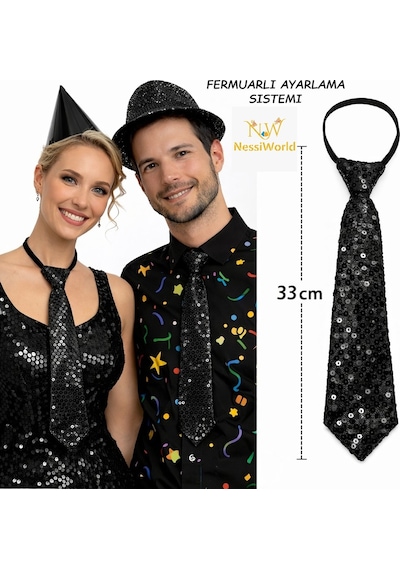 Nessiworld Siyah Renk Pul Payetli Işıltılı Parti Kravatı 33 Cm