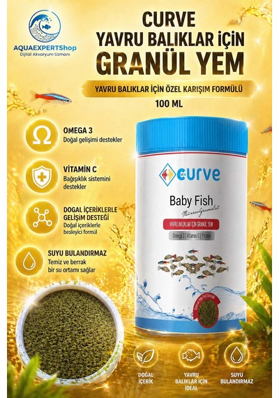 Curve Yavru Balıklar Için Granül Yem - 100 Ml - Özel Karışım Formüllü - Omega 3 - Vitamin C - Protein Içerikli Balık Yemi