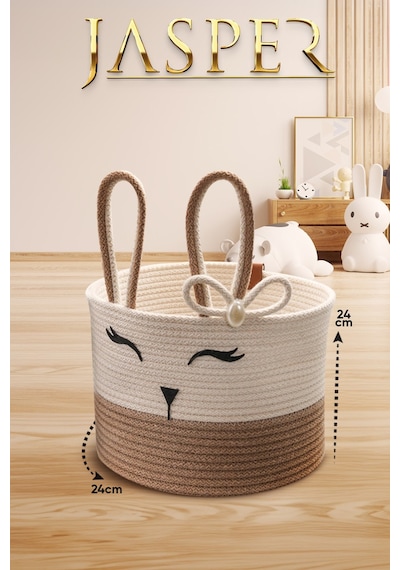 Jasper Bej Tekli Jüt İp Tavşan Tasarımlı Çok Amaçlı Çocuk Odası Oyuncak Kıyafet Kirli Sepeti Organizer 24x24 Beyaz