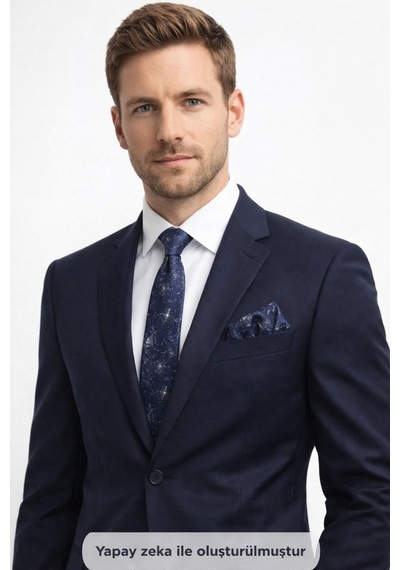 Gaffy Gri Desenli Lacivert Dokuma Kumaş Mendilli Slim Fit Kravat // Sdk-2613-2 Lacivert