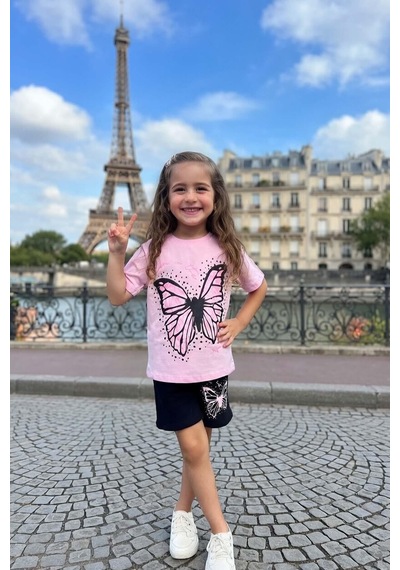 Riccotarz Kız Çocuk Puantiye Baskılı Ve Kelebek Baskılı Pembe T-shirt Şortlu Takım