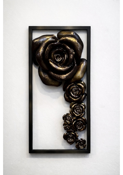 3d Kabartmalı Bronz-koyu Kahve Gül Duvar Dekoru Modern Çerçeveli Tasarım 30x66x10 Cm