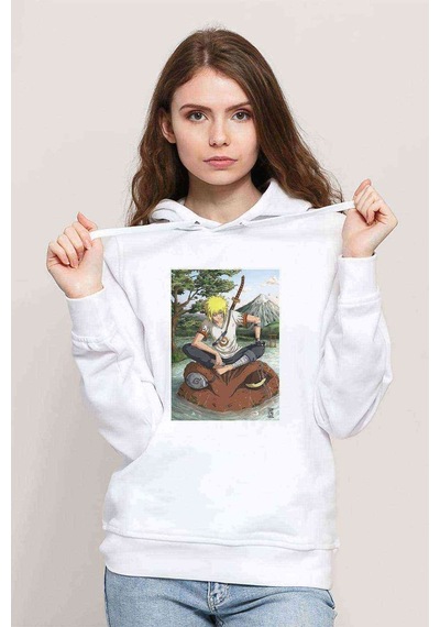 Anime Naruto Moon Baskılı Beyaz Kadın Kapşonlu Sweatshirt
