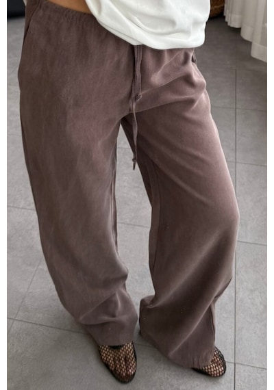 Feela Moda 2008 Bağcıklı Beli Lastikli Yıkamalı Modal Dokuma Palazzo Kadın Pantolon Kahverengi