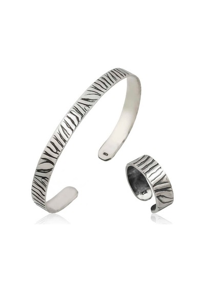Gümüş Zebra Desenli Bileklik Ve Yüzük Set (551170875)