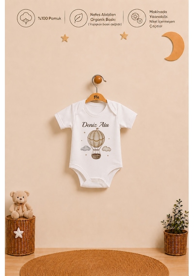 Pia Baby İsme Özel Erkek Bebek Kısa Kollu Alttan Çıtçıtlı Body Zıbın %100 Pamuk Organik Baskılı Bebek Body 1041ba3x Ekru