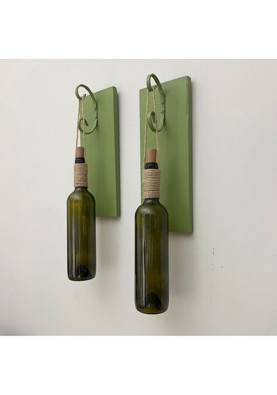 Led Işıklı Yeşil Ahşap Renkli Retro Şarap Şişesi Duvar Aplik 2'li Set Yeşil