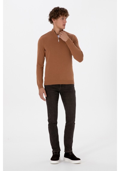 U.S. Polo Assn. Erkek Slim Fit Yarım Fermuarlı Camel Basic Kazak 50313695-VR233