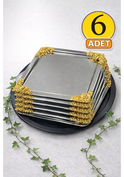 Jasper 6'lı Lüx 4 Köşesi Gold Çiçekli Kare Gümüş Kaplama Model Çay-kahve İkram Servis Sunum Tepsisi