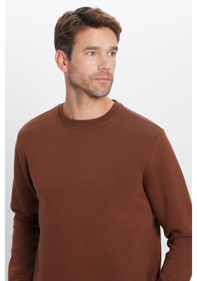 Tudors Unisex Oversize Geniş Kesim Pamuklu Yumuşak Dokulu Polarlı Basic Kahverengi Bisiklet Yaka Sweatshirt-31940 Kahverengi