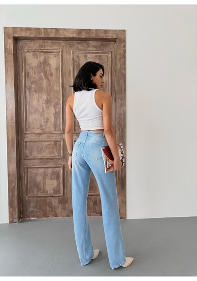 Kadın Straight Yüksek Bel Boru Paça Kot Pantolon Açık Mavi Mavi+açık Mavi