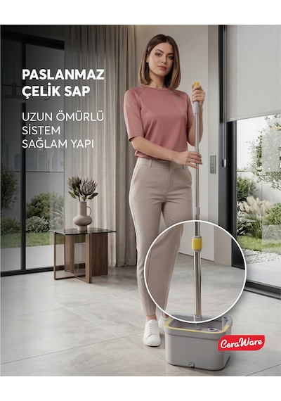 Home Care Dual System Kare Mop Seti Temiz Kirli Su Ayrı Hazneli 2 Adet İz Bırakmayan Mikrofiber Bez