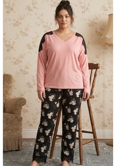 Siyah İnci Somon Desenli Büyük Beden Battal Boy Viskon Örme Pijama Takım 26224812