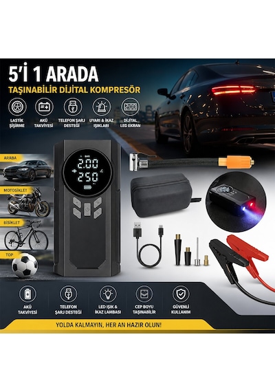 Yage Ka-841 4'ü 1 Arada Akü Takviye Ve Kompresörlü Hava Pompası 12v - Dijital Ekranlı