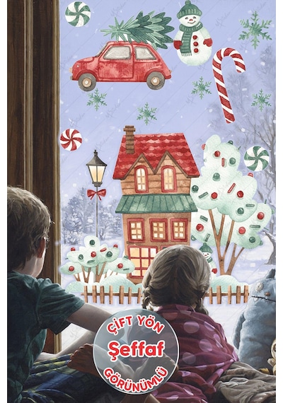 Yılbaşı Karlı Ev Ağaçlar Yeni Yıl Süsleri Çocuk Bebek Odası Sticker Seti - Şeffaf Dijital Baskı