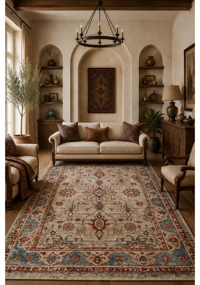 Salon Halısı Krem Mavi Floral Desenli Kaymaz Taban Th3031 Krem - Mavi