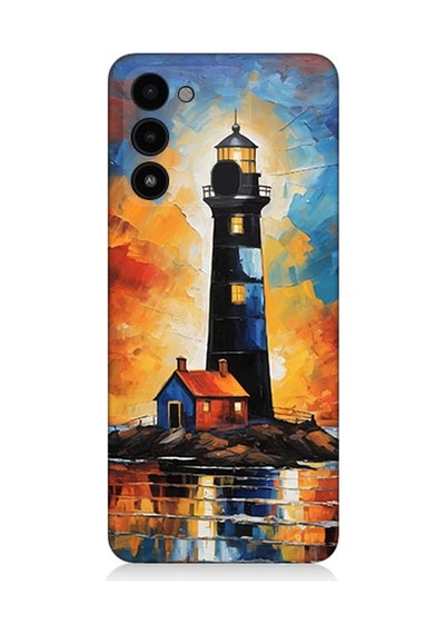 Tecno Spark 8c Uyumlu Alevli Ufukta Deniz Feneri Desenli Silikon Kılıf Çok Renkli