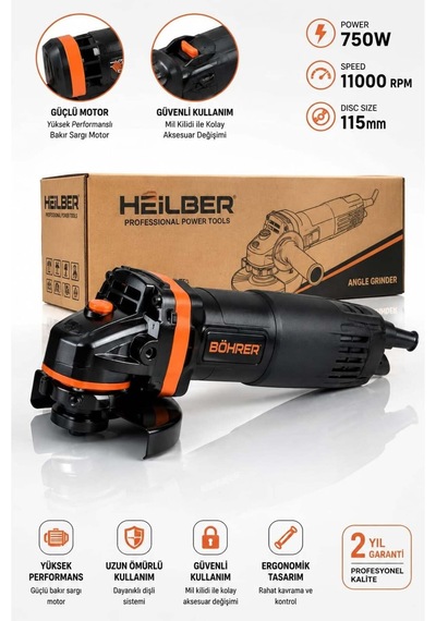 Heilber Ba0115363 750w Elektrikli Avuç Taşlama Makinesi 115 Mm Disk, 11.000 Devir, Mil Kilitli, Bakır Sarg