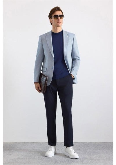 Süvari Saks Mavi Slim Mono Yaka Torba Cep 6 Drop Klasik Ceket Ct2021600434-m05
