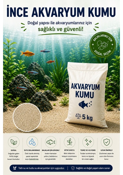 Doğal Akvaryum Kumu Açık Bej 5 Kg İnce Taneli Elenmiş Tozdan Arındırılmış Fırında Kurutulmuş