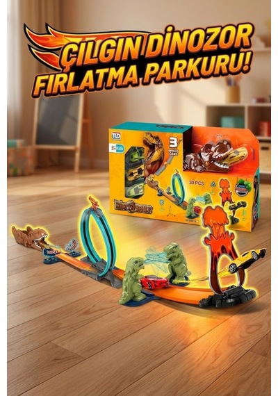Dinozor Temalı Fırlatma Ve Yarış Pisti Seti - 3 Arabalı, 360 Çemberli T-rex Parkuru 30 Parça