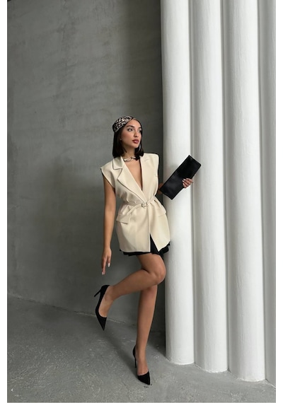Neşeli Butik Kadın Salaş Kemerli Kolsuz Blazer Ceket Nbg076 Bej