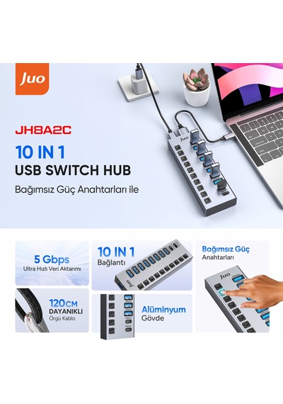 Juo Usb-a 10 Portlu Anahtarlı 8 Usb-a 2 Type-c 5gbps Usb 3.1 Çoklayıcı Dönüştürücü Hub