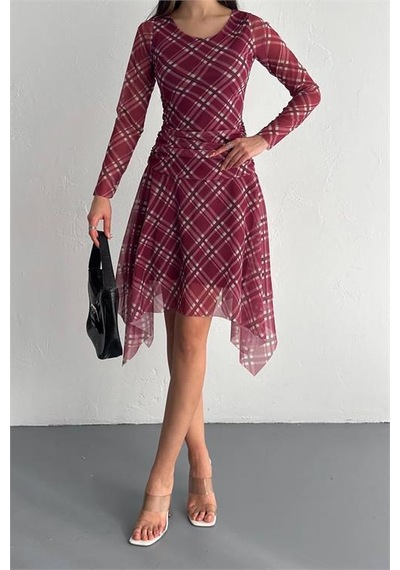 Dipmoda Kadın Mini Boy Desenli Asimetrik Tül Elbise Dpk4162 Bordo