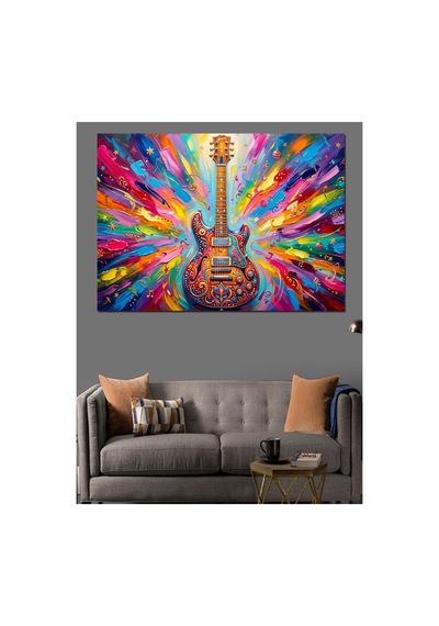 Renk Patlamalı Sanatsal Elektro Gitar Yağlı Boya Dokulu Kanvas Tablo Canvas Tablosu