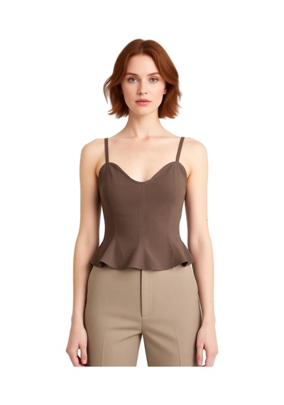 Ersefa Kadın Dokuma Bluz Peplum Detaylı Kalp Yaka Kolsuz Gabardin Kumaş Açık Kahverengi