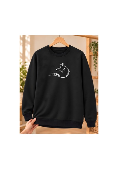 Mor Mürekkep Bozkurt Profili Ve Kavisli Göktürk Yazısı Baskılı Bisiklet Yaka Sweatshirt - Siyah