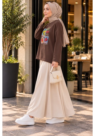 Esra Butik78 Kadın Premium Dokulu Baskılı Oversize Sweatshirt Rahat Ve Modern Stil Kahverengi