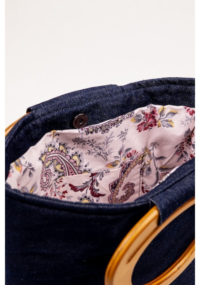 Fabric Craft Bag El Çantası Kot Kumaş Ahşap Saplı Kaktüs Nakışlı İçi Astarlı Mıknatıslı 38x30 Cm Kot Lacivert