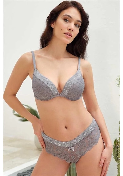 Ang Butik Kadın Balenli Destekli Dolgulu Taşlı Dantelli Sütyen Ve String Takım Gri