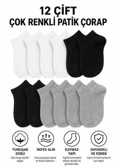 Trebears 12 Li Paket Unisex Patik Çorap Seti Pamuklu Bilek Boy Patik Çorap, Nefes Alabilir Çok Renkli Siyah, Beyaz, Gri Kısa Çorap