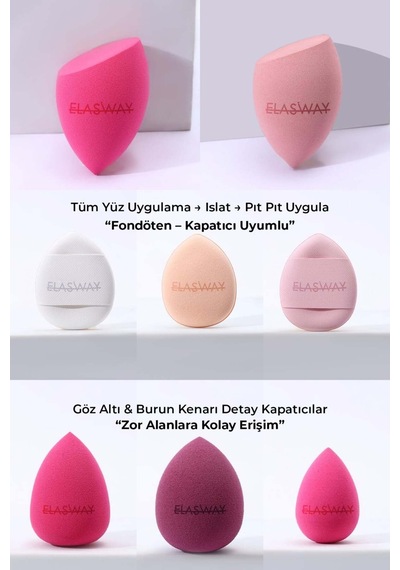 8 Li Makyaj Süngeri Seti Damla & Kesik Damla + Parmak Bantlı Pudra Pufu, Kavanoz, Toka Hediyeli