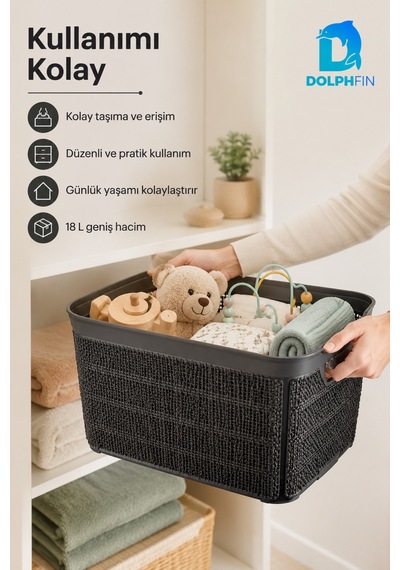 Jute Çok Amaçlı Kutu 18 L Plastik Mutfak Banyo Dolap İçi Düzenleyici Siyah