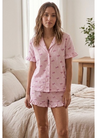 Kurdele Desenli Fırfır Detaylı Şortlu Pijama Takımı 8071 Pembe