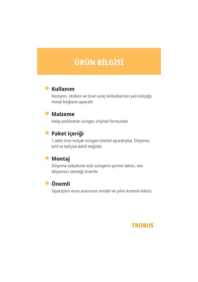 Kamyon Otobüs Koltuk Kolçak Süngeri Metal Aparatlı İnce Tip