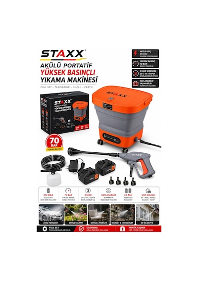 Staxx St70hr Bl Motor X2 Akülü Yüksek Basınçlı Oto Araç Bahçe Yıkama Akülü İlaçlama Tabancası Kovalı