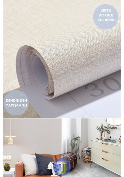 Technojet Kendinden Yapışkanlı Keten Görünümlü Mutfak Banyo Tezgah Duvar Dolap Masa Kaplama 60x500cm 001