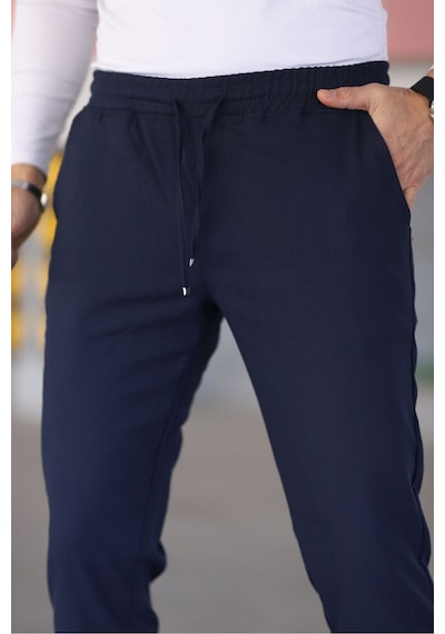 Bürke Erkek Lacivert Beli Lastikli Bağcıklı Esnek Fitted Jogger Pantolon Kumaş Pantolon
