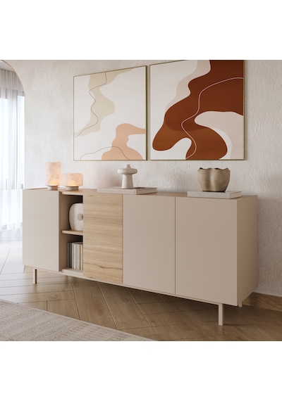 Robin Home Luka Konsol 4 Kapaklı Raflı Ahşap Ayaklı 180cm Kumsal-sepet Bej
