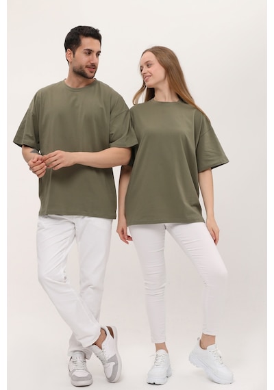 Unisex Haki Oversize Bol Kalıp T-shirt Çift Kombini Açık Haki