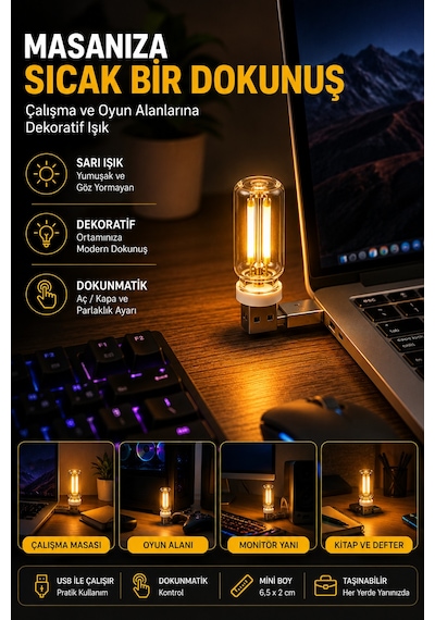 Usb Led Gece Lambası Sarı Işık Dokunmatik Mini Taşınabilir Lamba Laptop Powerbank Araç İçi 6,5 Cm 5v