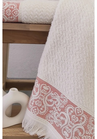 2'li Kabartma Bordürlü & Püsküllü Havlu Seti - %100 Pamuk El Havlusu - 50x85 Cm-mercan Mercan Mercan