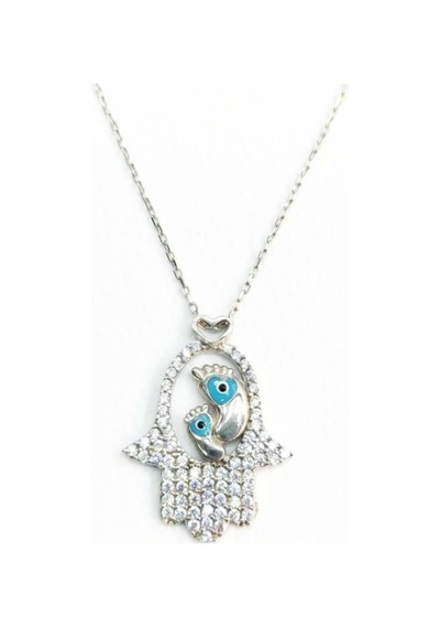 Oriental Kuyumculuk Jewellery Kadın Gümüş Mine Taşlı Fatma Eli Bebek Ayağı Kolye 925 Ayar Gümüş