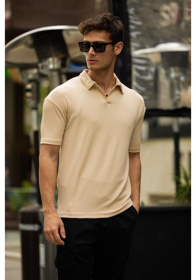 Glasses V Yaka Oversize Fitilli T-shirt - Bej Kahve