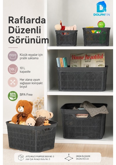 Jute Çok Amaçlı Kutu 10 L Plastik Mutfak Banyo Dolap İçi Düzenleyici Siyah
